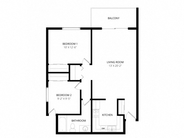 Floor plan for 2 beds, 1 bath, 920 sqft